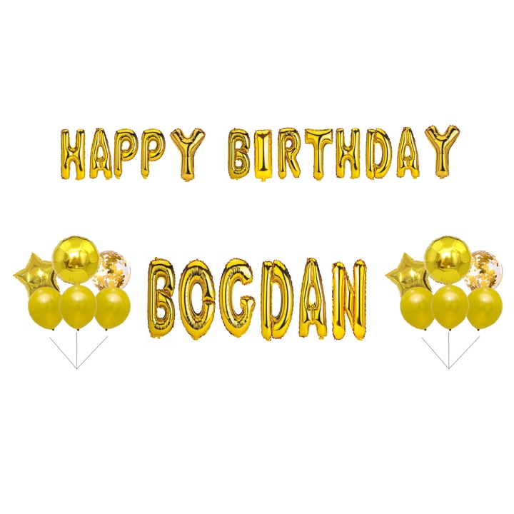 Boldog születésnapot Bogdan lufi készlet, Torta topper, Arany, 33 db