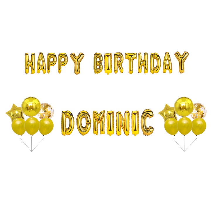 Boldog születésnapot Dominic lufi szett, tortafeltét, arany, 34 db
