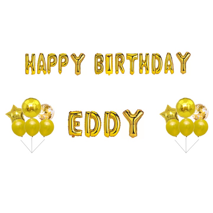 Boldog születésnapot Eddy lufi szett, tortafeltét, arany, 31 db