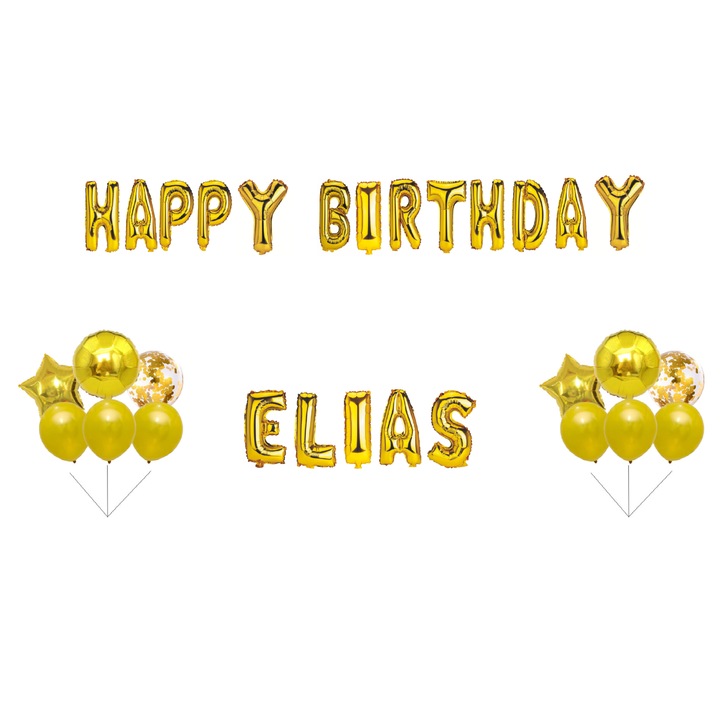 Boldog születésnapot Elias lufi készlet, tortafeltét, arany, 32 db