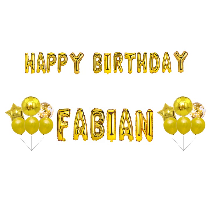 Boldog születésnapot Fábián lufi készlet, tortafeltét, arany, 33 db