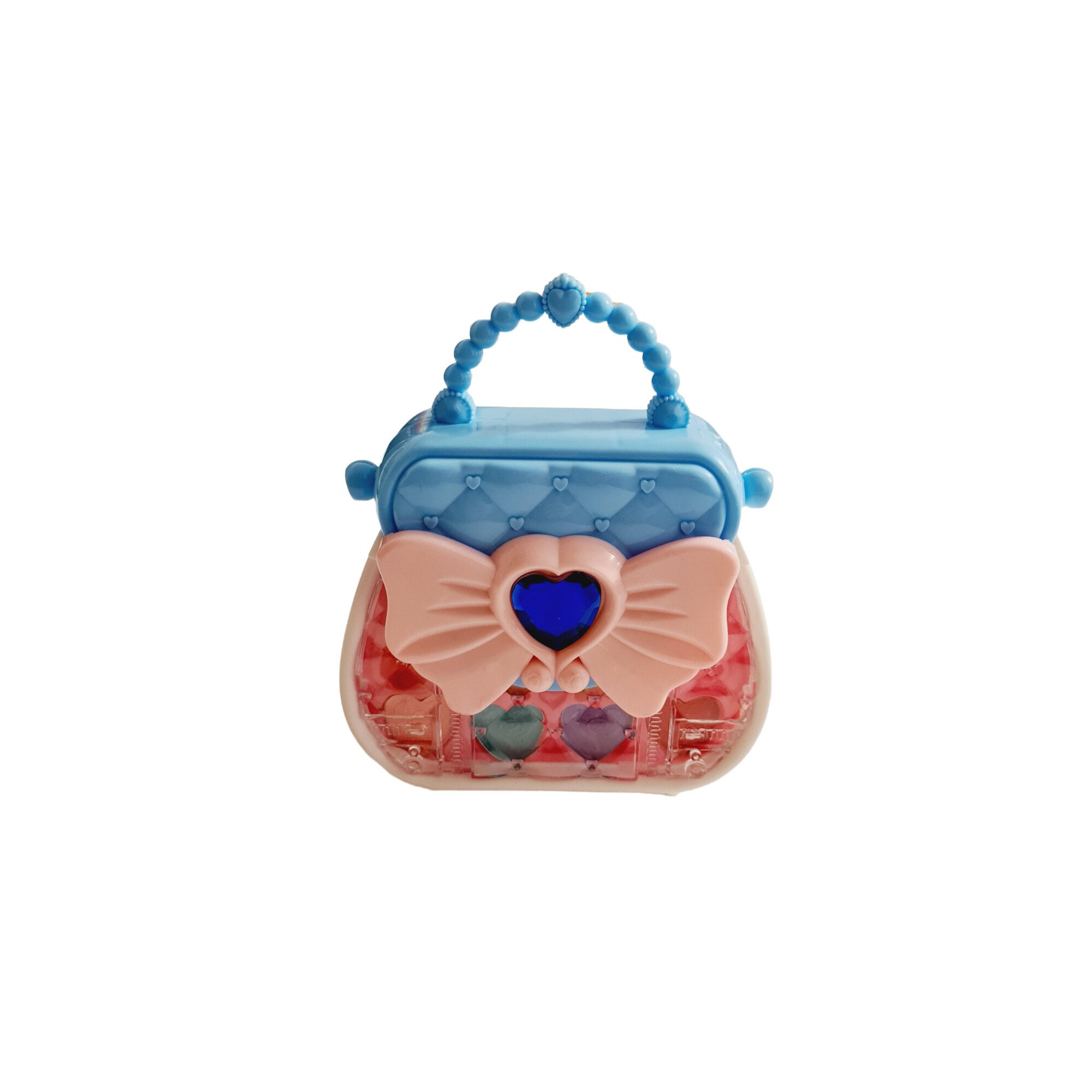 Trusa de Machiaj si Unghii pentru Copii in Forma de Gentuta, Fard, Ruj, Alte accesorii, Alb Albastru cu Funda Roz, +3 ani