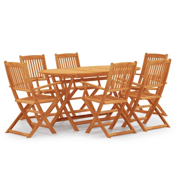 Set mobilier de exterior cu 6 scaune pliabile cu cotiera si 1 masa vidaXL, Lemn, 160 x 85 x 75 cm, Maro
