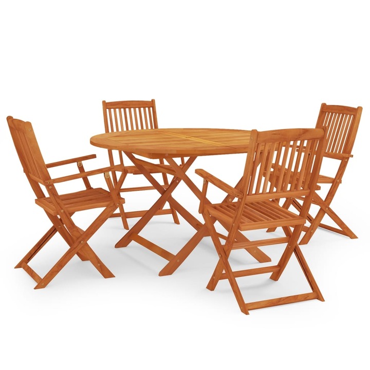 Set mobilier de exterior cu 4 scaune pliabile cu cotiera si 1 masa rotunda vidaXL, Lemn, 90 x 75 cm, Maro