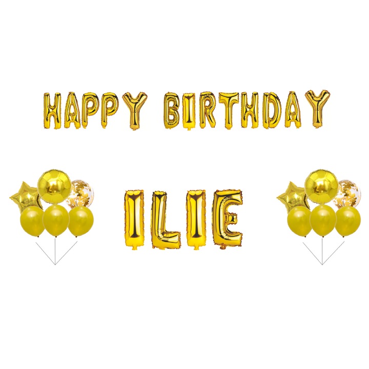 Boldog születésnapot Illés lufi készlet, Tortafedő, Arany, 31 db