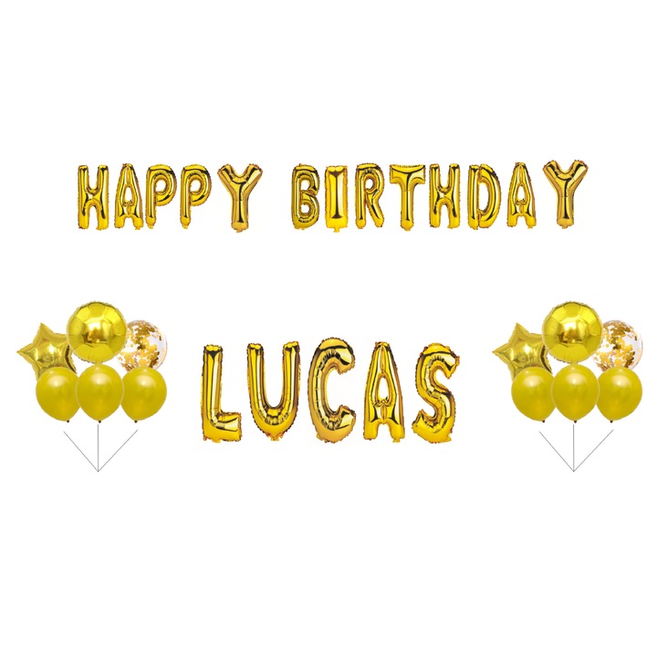 Boldog születésnapot Lucas lufi készlet, tortafeltét, arany, 32 db