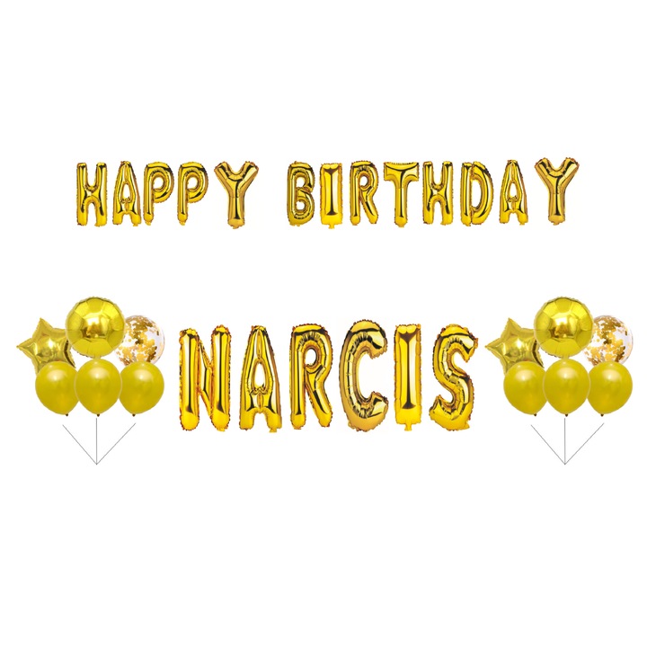 Boldog születésnapot nárcisz lufi készlet, tortafeltét, arany, 33 db