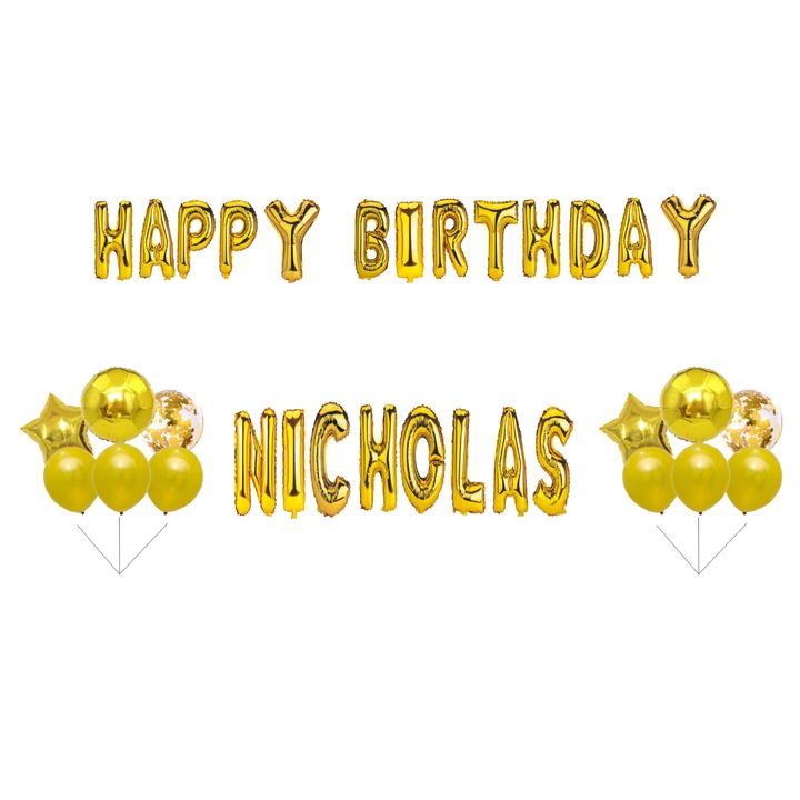 OEM Boldog születésnapot Nicholas lufi szett, tortafeltét, arany, 33 db