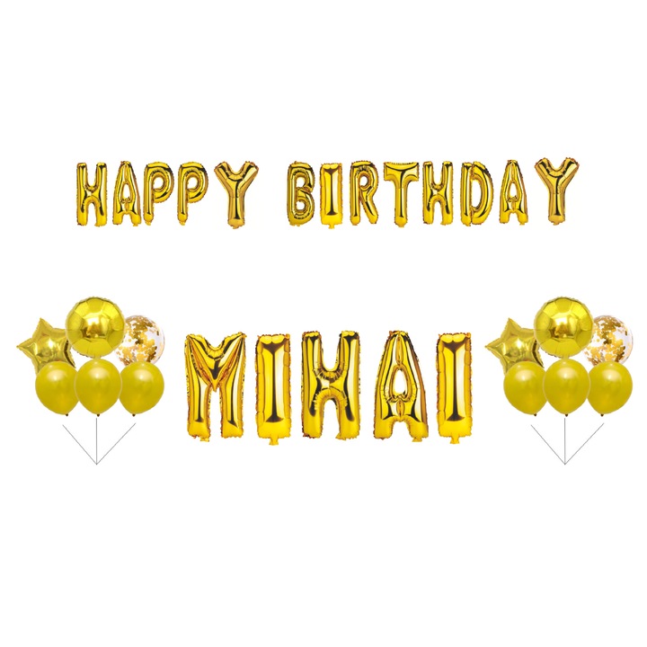 Boldog születésnapot Mihai lufi szett, tortafeltét, arany, 35 db
