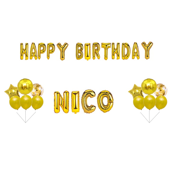 Комплект балони Happy Birthday Nico, топер за торта, злато, 35 бр