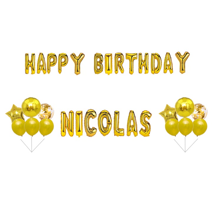 Boldog születésnapot Nicolas lufi készlet, tortafeltét, arany, 35 db