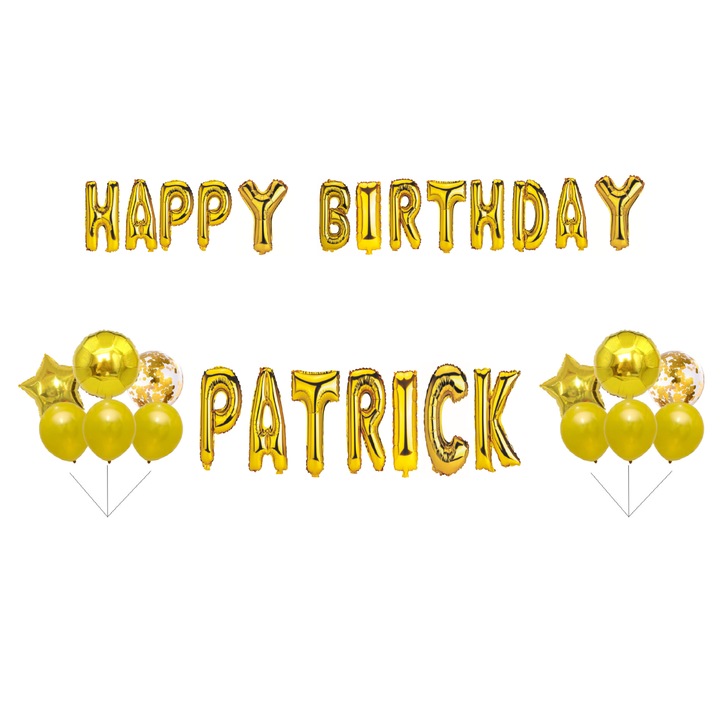Boldog születésnapot Patrick lufi szett, tortafeltét, arany, 35 db