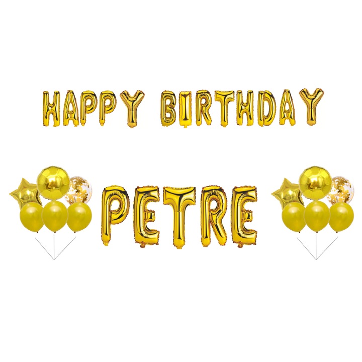 Boldog születésnapot Petre lufi készlet, tortafeltét, arany, 35 db