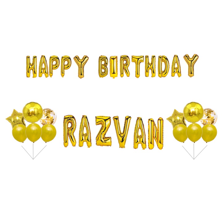 Razvan névvel boldog születésnapot lufi szett, Tortafedő, Arany, 35 db