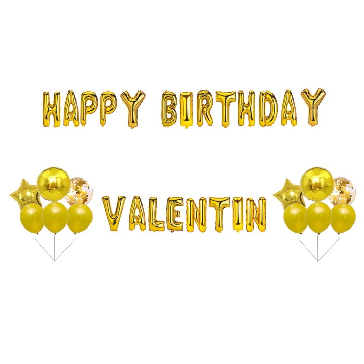 Boldog születésnapot Valentin lufi szett, tortafeltét, arany, 35 db