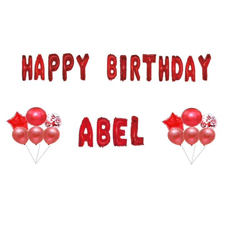 Комплект балони Happy Birthday Abel, топер за торта, червен, 35 бр