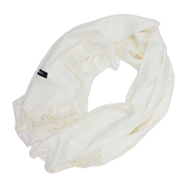 Дамски кашмирен шал, цвят слонова кост с ресни, 180 х 60 см - ES833