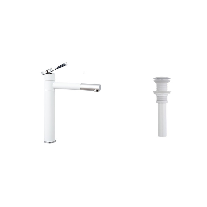 Комплект смесител за мивка TRENDY S, Цилиндричен дизайн, С дренажен клапан за мивка без преливник, Бял