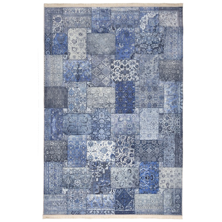 Covor Patchwork 100501, CarpetPlaza, Poliester, 120 x 180 cm, 9 mm, Albastru