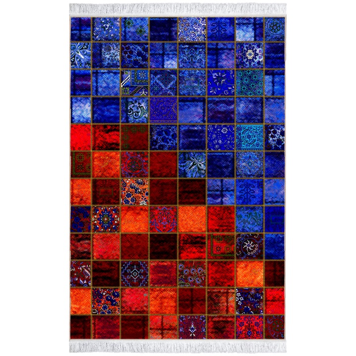 Covor Pseudo Silk Patchwork 100526, CarpetPlaza, Poliester, 100 x 150 cm, 9 mm, Rosu/Albastru
