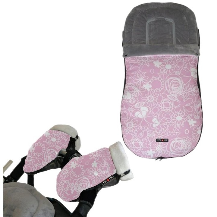 Бебешки Комплект Цветя, Tris & Ton, Универсално чувалче и Ръкавици за количка, Розов