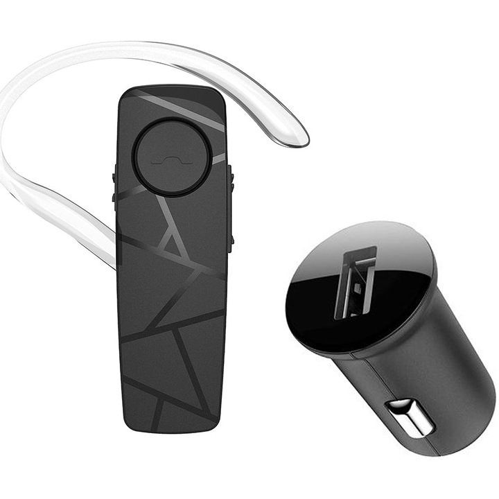 Слушалка Bluetooth Tellur Vox 60, Зарядно за автомобил, до 8,5 часа време за разговори, едновременна връзка с 2 устройства, съвместим с IOS/Android, многопосочен микрофон с функция за намаляване на шума, черен