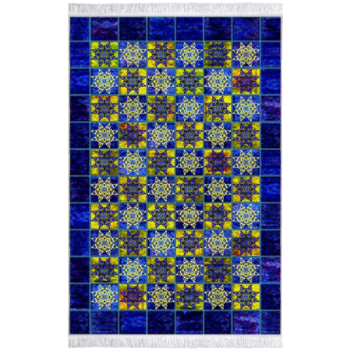 Covor Pseudo Silk Patchwork 100527, CarpetPlaza, Poliester, 200 x 300 cm, 9 mm, Albastru