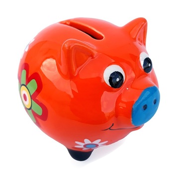 Pusculita din ceramica in forma de purcel cu flori,8x7cm, portocaliu Pusculita din ceramica in forma de purcel cu flori,8x7cm, portocaliu