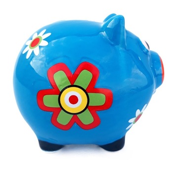 Pusculita din ceramica in forma de purcel cu flori,14x13cm, bleu Pusculita din ceramica in forma de purcel cu flori,14x13cm, bleu