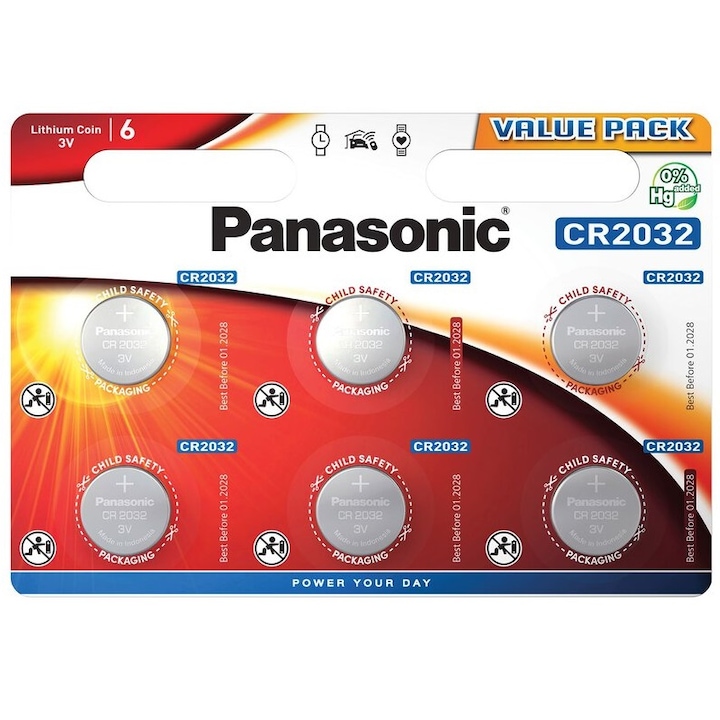Комплект батерии Panasonic CR2032, DL2032, BR2032, 2032 - 6 броя Европейска версия