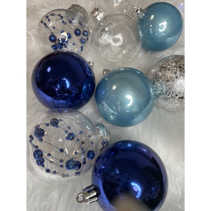 Set globuri de Craciun Inedit, 30 bucati, 6cm, transparente si albastru