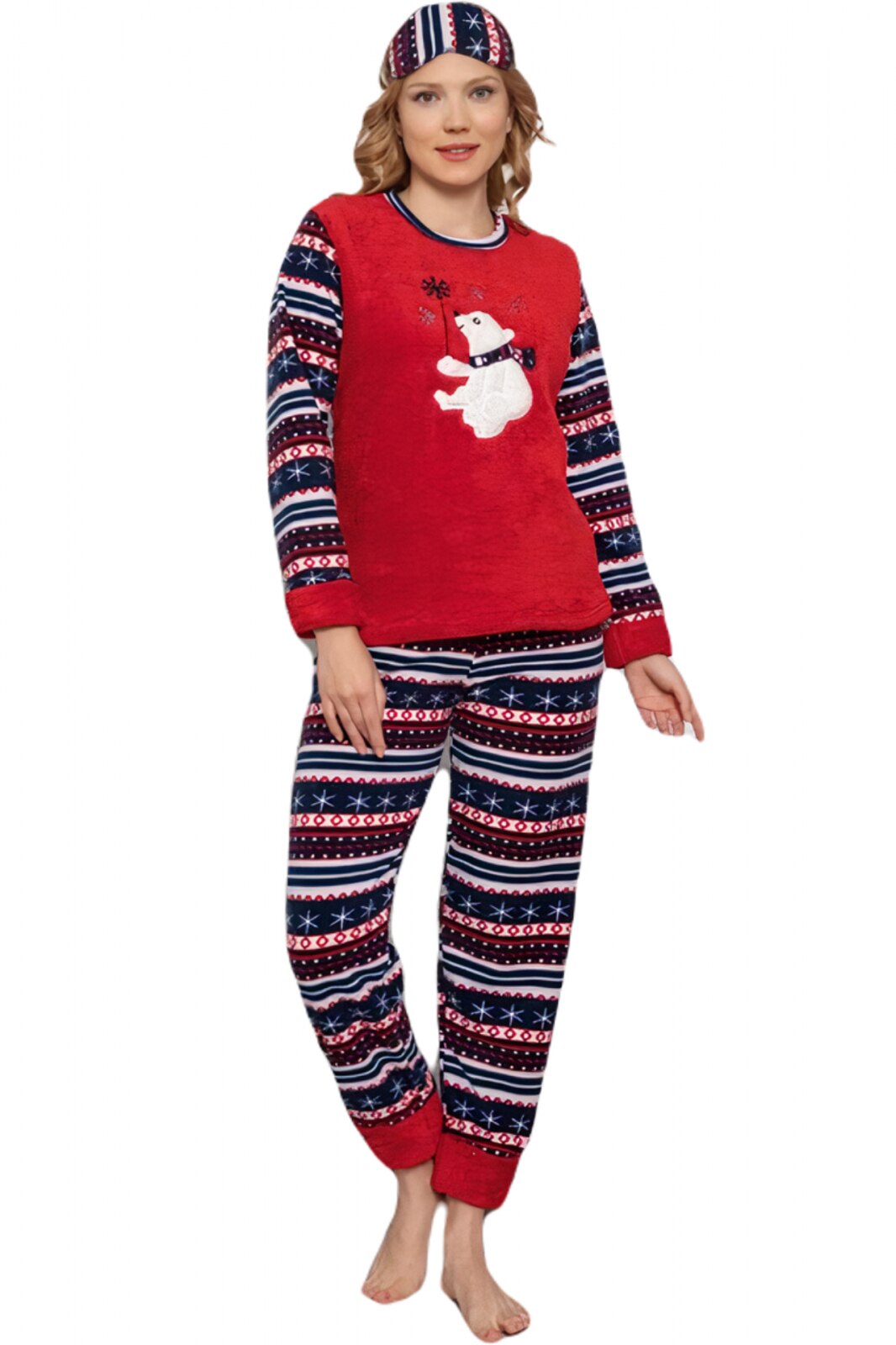 Pijama dama cocolino, pufoasa cu imprimeu Craciun-ursulet, Rosu