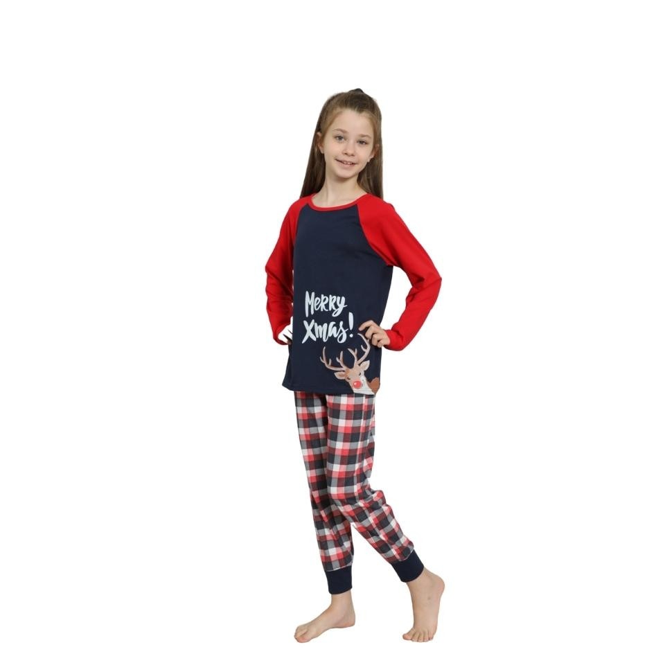 Pijamale fete Serena, imprimeu Merry xmas, Rosu/Bleumarin