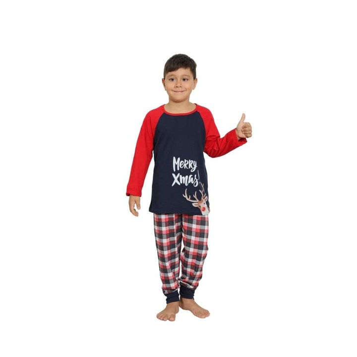 Pijamale baieti Serena Craciun, maneca lunga, pantaloni lungi, culoare rosu/bleumarin, imprimeu Merry xmas, marimea 4-5 ani