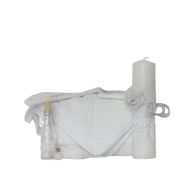 Set botez alb 9 piese- Trusou botez traditional cu Lumanare - Albul Pur, Odorul Mamei