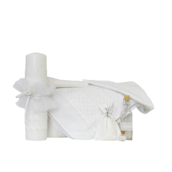 Set botez alb 9 piese- Trusou botez traditional cu Lumanare - Ca Neaua, Odorul Mamei