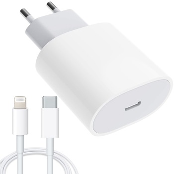 Incarcator compatibil cu iPhone, cu cablu de date, Type-C, Fast charge 20W, ambalaj Apple, Alb/Gri Incarcator compatibil cu iPhone, cu cablu de date, Type-C, Fast charge 20W, ambalaj Apple, Alb/Gri