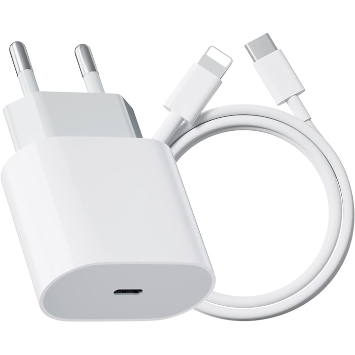 Зарядно устройство, съвместимо с iPhone 14/13/12/11/Pro/Pro Max/iPad/AirPods, Lightning кабел за данни, Бързо зареждане 20W, Apple опаковка, Бяло/Сиво