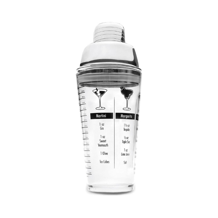 Shaker transparent pentru cocktailuri cu retetar de bauturi, 450 ml