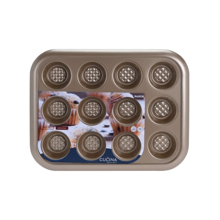 Тава за печене на кексчета Excellent Houseware Briose La Cucina, Незалепващо покритие, 38x29.5x3.5 см, Златист