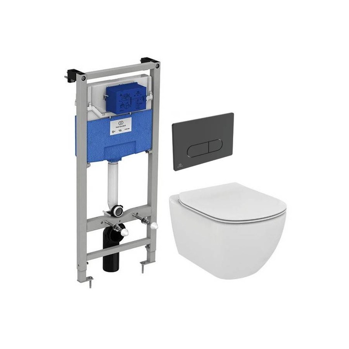 Vas WC suspendat Ideal Standard Tesi Aquablade, capac inchidere lenta si rezervor incastrat ProSys cu clapeta Oleas M1 negru