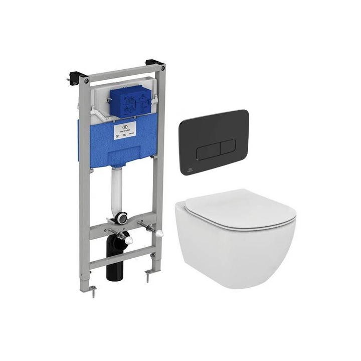 Vas WC suspendat Ideal Standard Tesi Aquablade, capac inchidere lenta si rezervor incastrat ProSys cu clapeta Oleas M3 negru