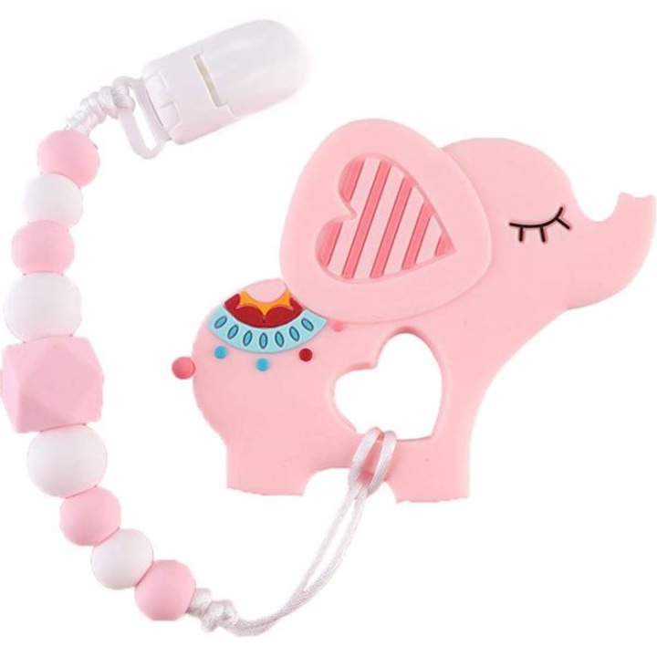 Силиконова гризалка Vika Baby®, Чесалка броеница с клипс, Сладко животинче, Слонче, Розово
