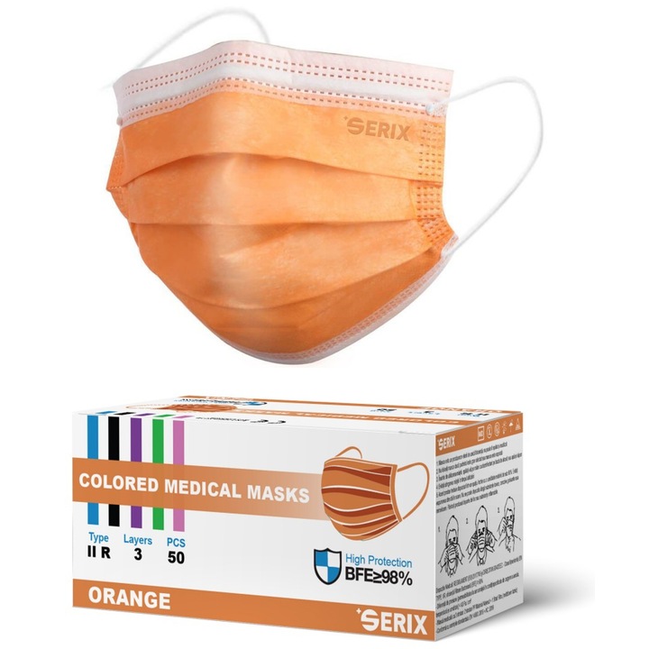 Set 50 buc Masti medicale SERIX tip IIR, 3 straturi, 3 pliuri, banda metalica, eficienta filtrare ≥98%, orange
