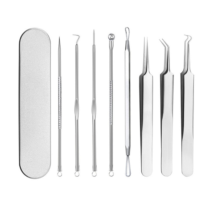 8 db BOMSTOM mitesszereltávolító tartozék készlet, rozsdamentes acél, ezüst