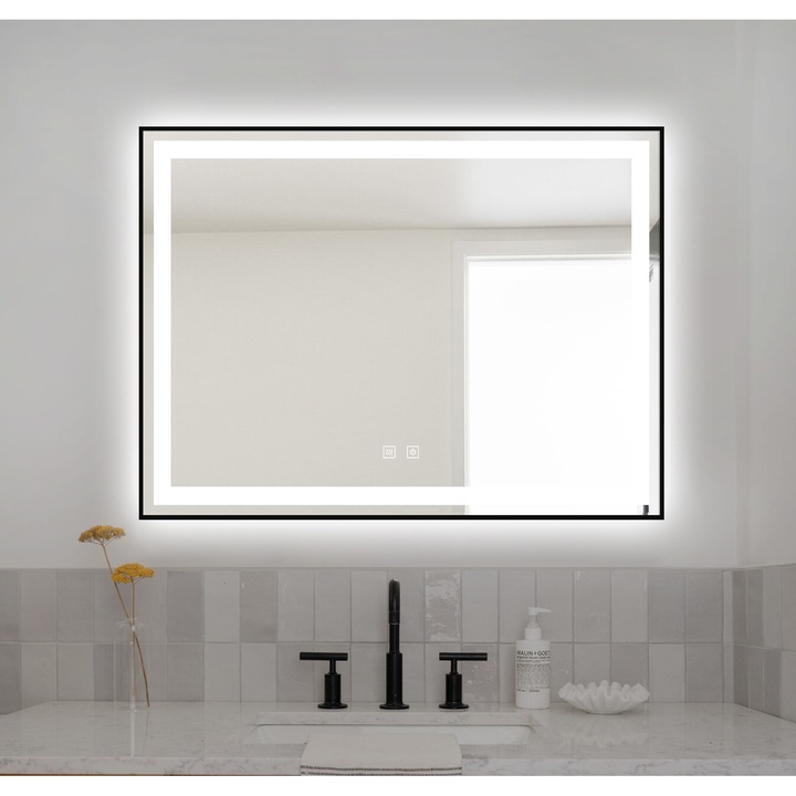 Oglinda LED pentru baie dreptunghiulara cu rama neagra din aluminiu 80 x 60 cm N11, functie dezaburire, 3 tipuri de lumni