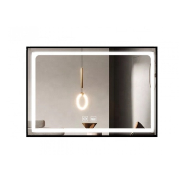 Smack LED négyzet alakú fürdőszobai tükör fekete alumínium kerettel 80 x 60 cm