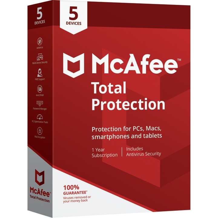 McAfee Total Security 2021, 5 компютъра, 1 година, Електронен лиценз