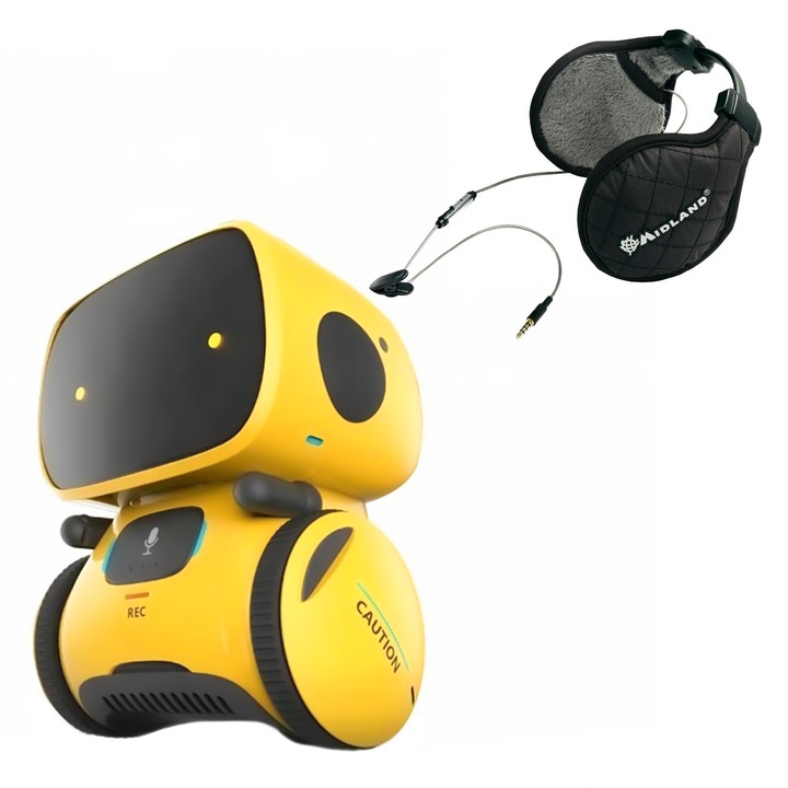 Robot inteligent interactiv PNI Robo One, control vocal, butoane tactile, galben si Casti Midland Subzero incluse