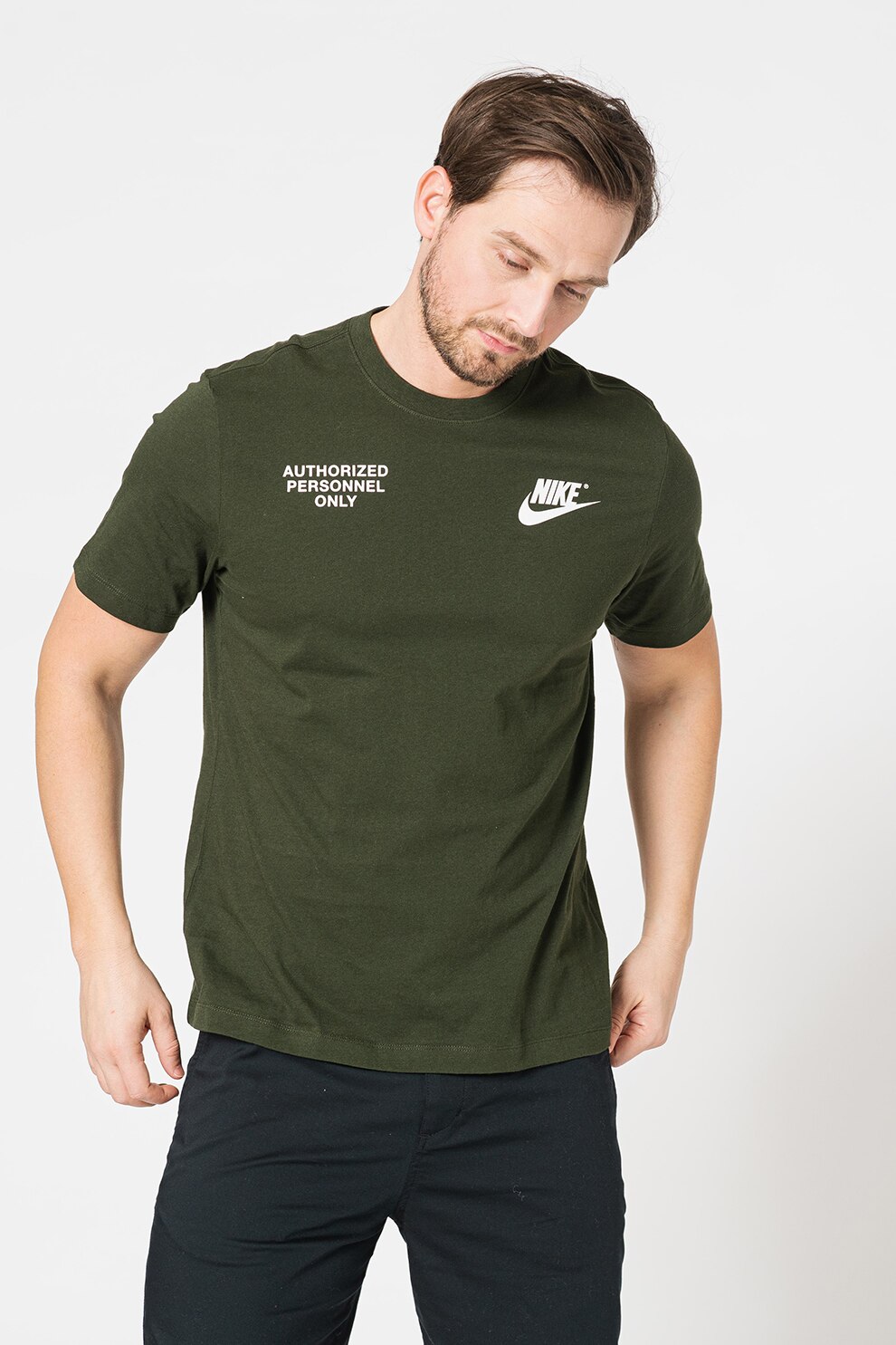 Nike Памучна тениска с овално деколте и лого Армия зелено S Emagbg 